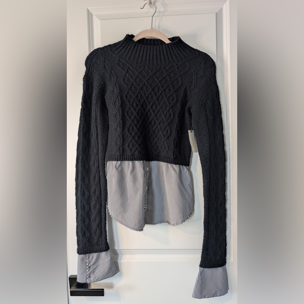 Anthropologie Maeve Mock-Neck Cable- Knit Layered Sweater Navy NWT Size XS